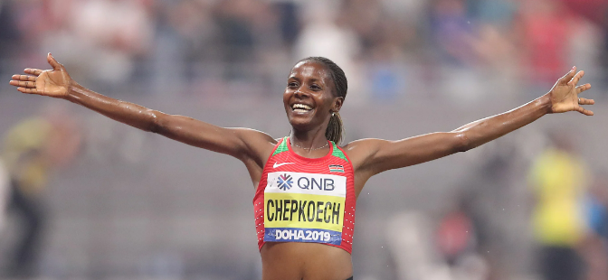 Beatrice Chepkoech celebrates after winning in a past race. PHOTO/Olympic.com